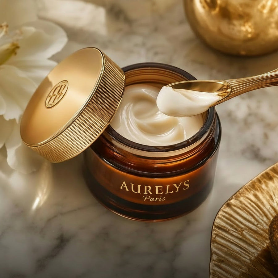 Actifs de la crème visage AURELYS Paris : essence de caviar, acide hyaluronique, collagène